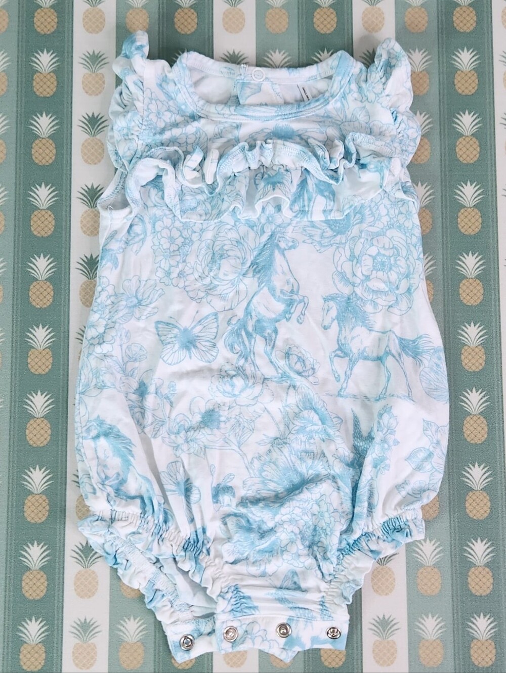 Posh Peanut Baby Girl Ruffled Sleeveless Romper in Light Blue Toile